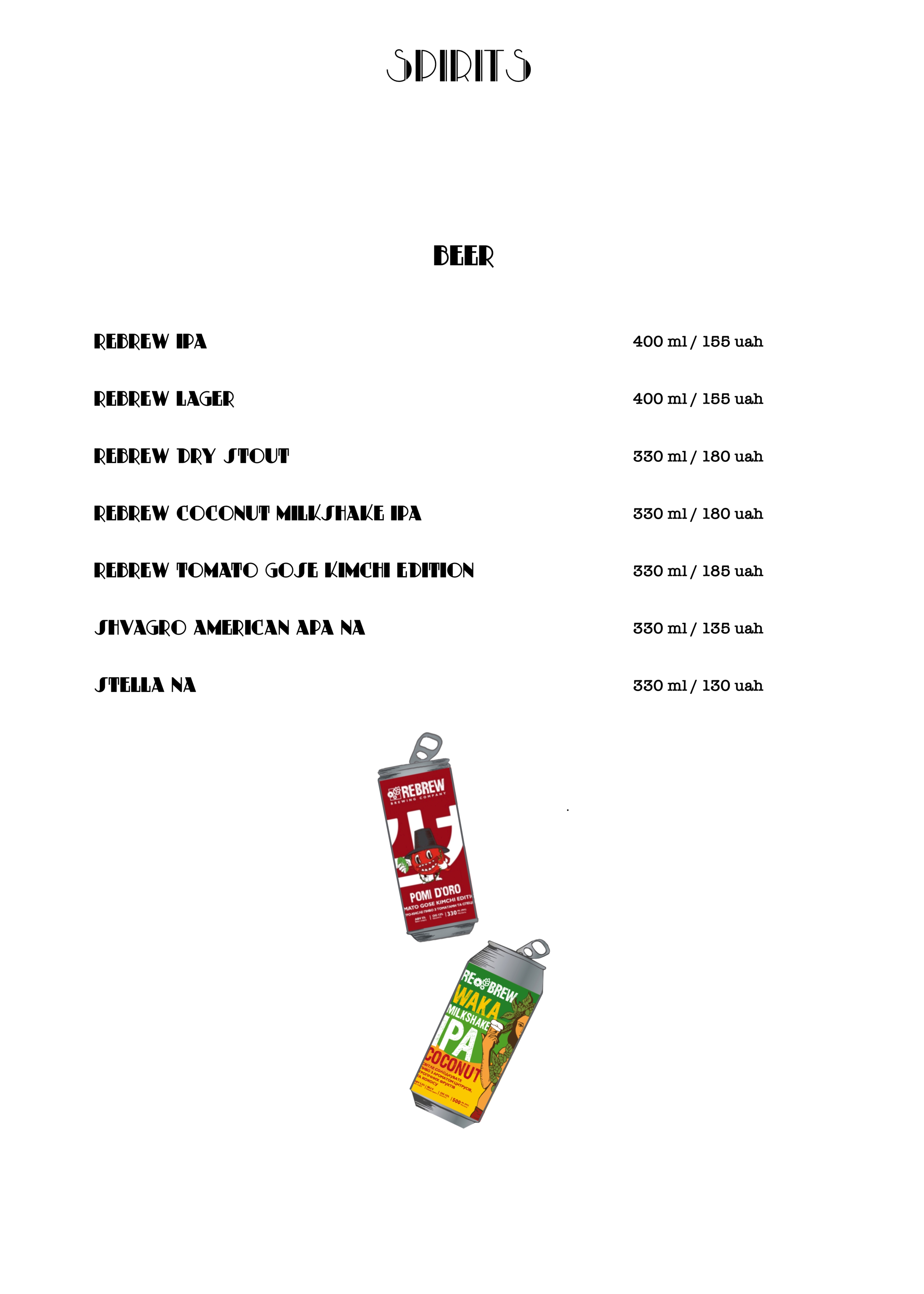 menu cocktails